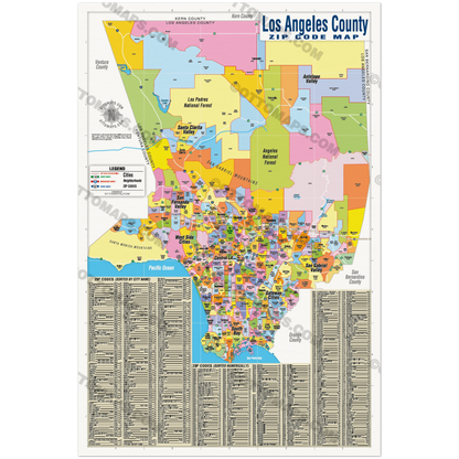 Los Angeles County Zip Code Map - FULL (Zip Codes Colored) - POSTER PRINTS