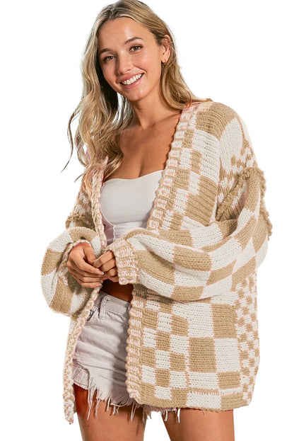 Smoke Gray Colorblock Checked Open Front Knitted Cardigan