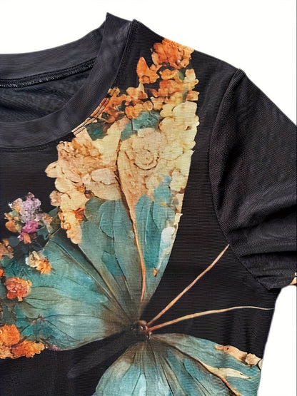 Floral Butterfly Print Women’s Tulle Top Long Sleeve Semi-Sheer Shirt