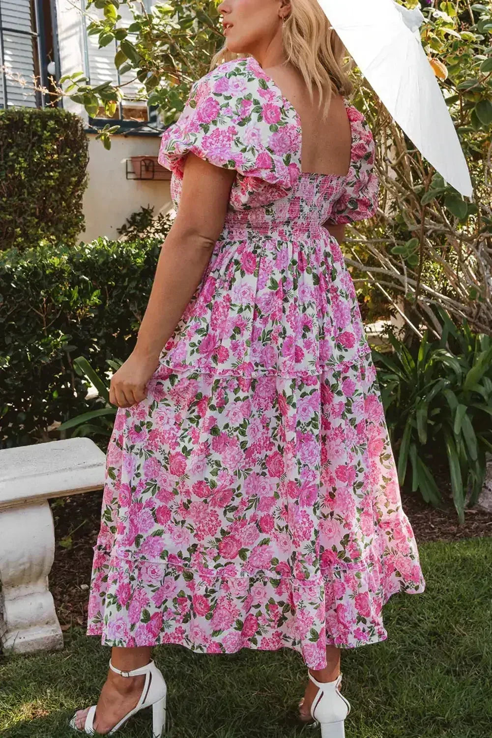 Pink Floral Smocked Puff Sleeve Flowy Midi Dress