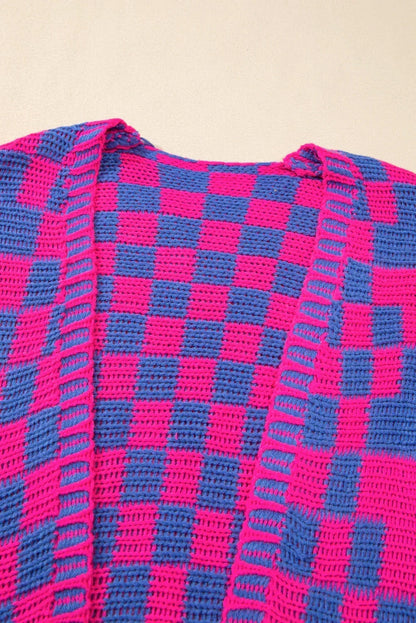 Taupe Colorblock Checked Open Front Knitted Cardigan