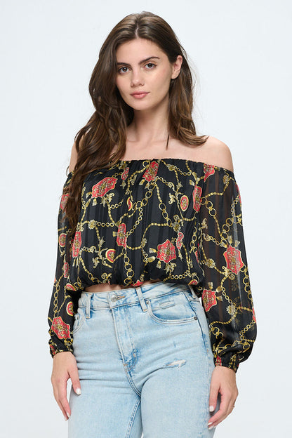 Off-Shoulder Printed Crop Top with Long Sleeves | Apparel | Kitchen + Metal