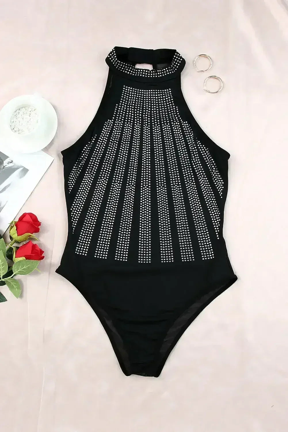 Rhinestone High Neck Sleeveless Bodysuit Black - Femstylo