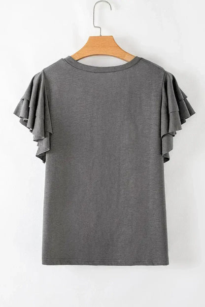 Dark Grey Ruffle Sleeve Plain Blouse | Femstylo