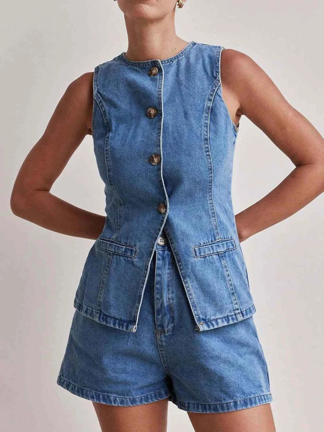 Button Down Vest and Shorts Denim Set