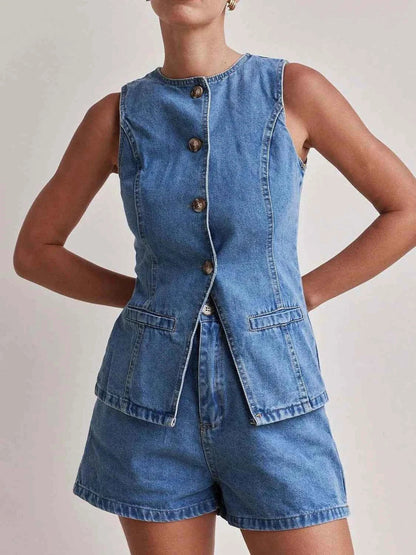 Button Down Vest and Shorts Denim Set