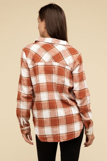 ZENANA Cotton Plaid Shacket With Front Pocket