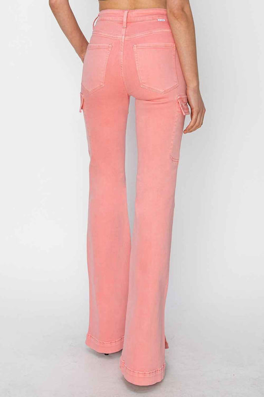 RISEN High Rise Cargo Bootcut Jeans with Side Slit for Women