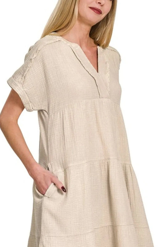 Zenana Washed Double Gauze Raw Edge V-neck Dress in Beige