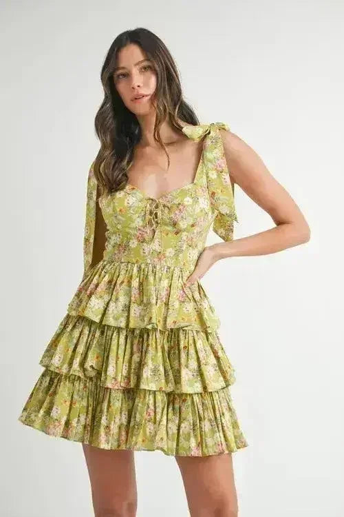 MABLE Floral Mini Dress – Adjustable Shoulder Tie Layered Design