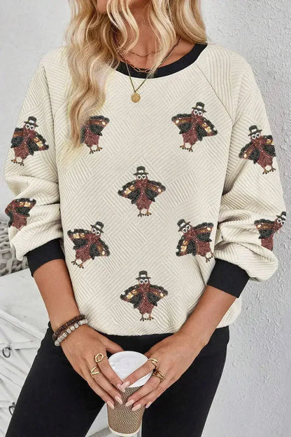 Thanksgiving Turkey Sweatshirt – Sequin Graphic & Cozy Fit | Femstylo