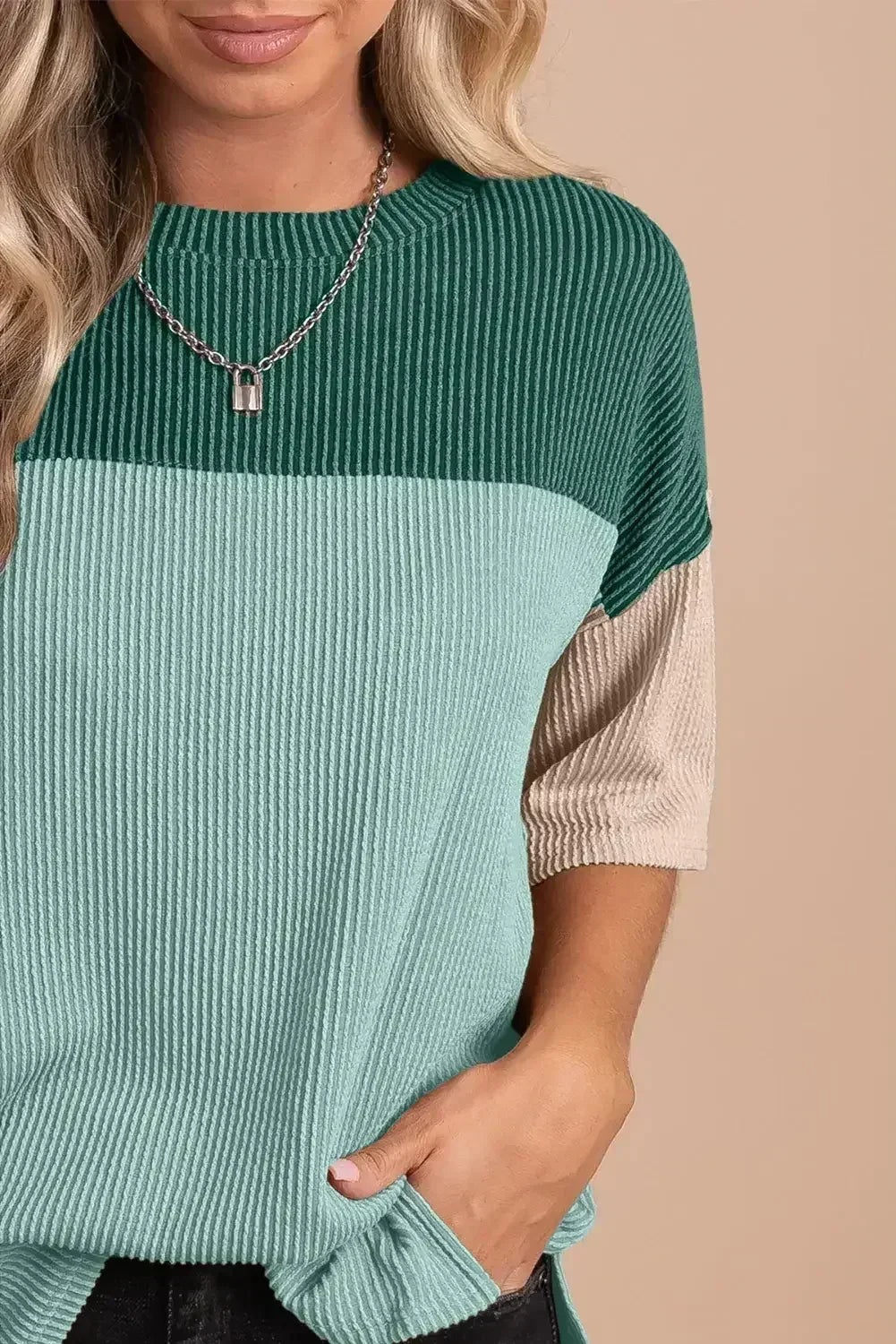 Black Color Block Ribbed Side Slits Half Sleeve Top
