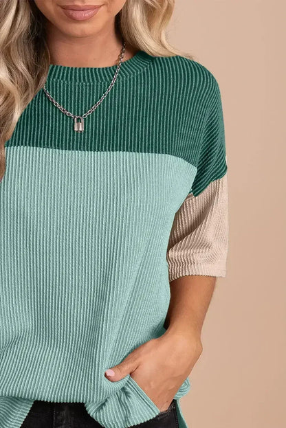 Black Color Block Ribbed Side Slits Half Sleeve Top