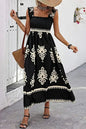 Black Boho Print Smocked Ruffle Sleeveless Maxi Dress