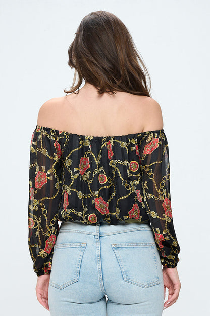 Off-Shoulder Printed Crop Top with Long Sleeves | Apparel | Kitchen + Metal