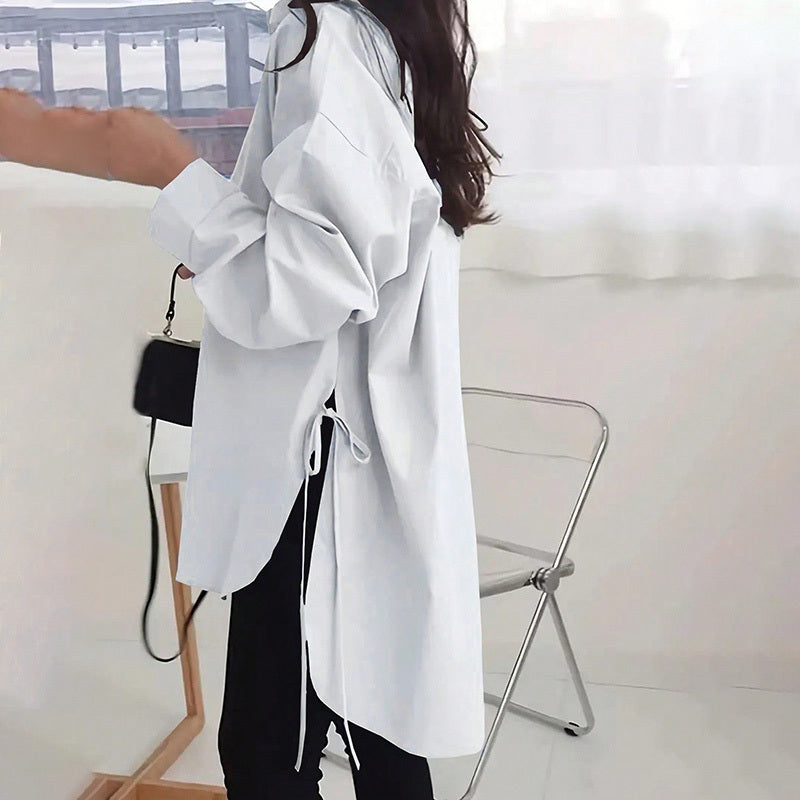 Women's Loose-Fit Long Sleeve Shirt with Side Slit Tie Detail - Stylish Button-Down Blouse