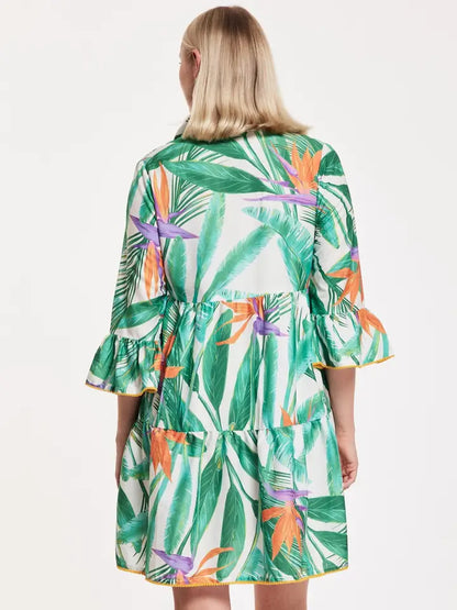 Cadenza Tropical Leaves Dress – Green White Orange Resort Style