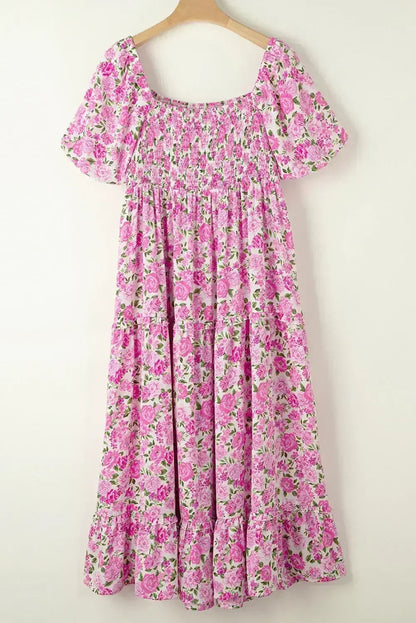 Pink Floral Smocked Puff Sleeve Flowy Midi Dress