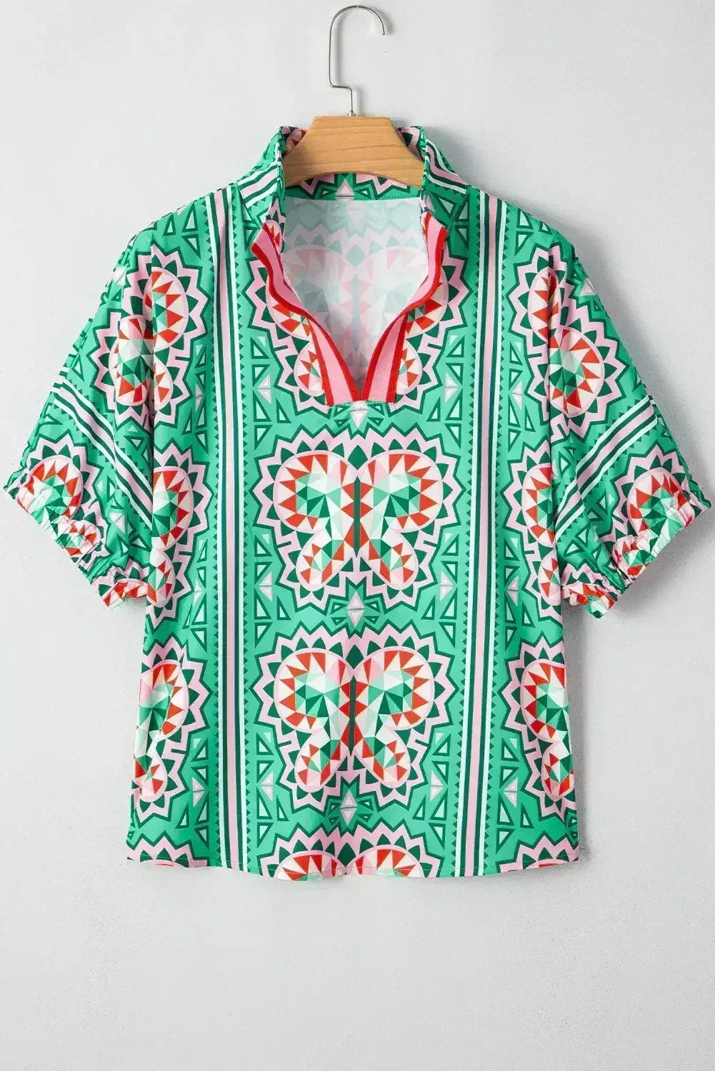 Sea Green Boho Geometric Print Color Neckline Blouse | Femstylo