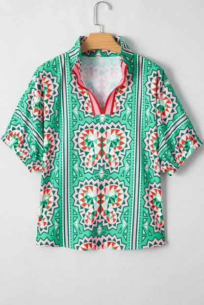 Sea Green Boho Geometric Print Color Neckline Blouse | Femstylo