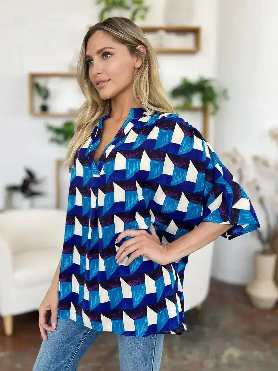 Geometric Notched Sleeve Blouse - Versatile Top | Femstylo