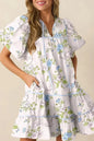 Pink Floral Striped Print Contrast Trim Tie Split Neck Mini Dress