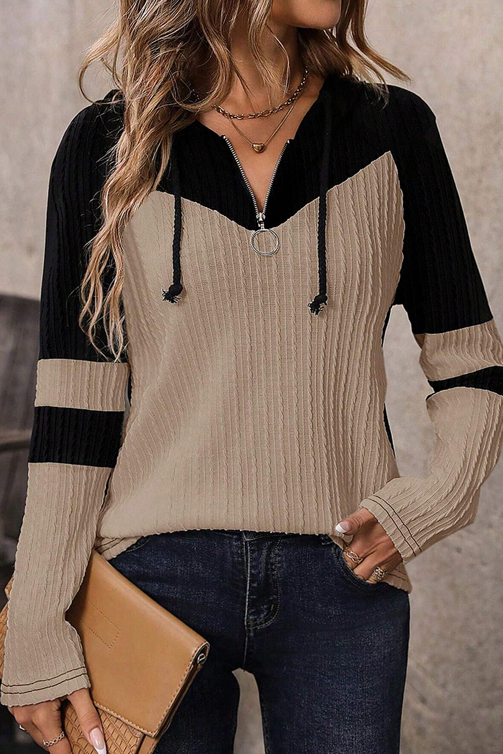 Parchment Textured Patchwork Long Sleeve Hooded Women's Top
