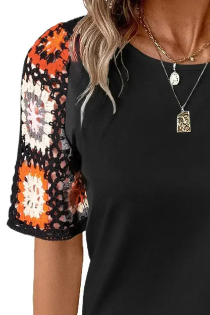 Geometric Round Neck Short Sleeve Blouse | Femstylo