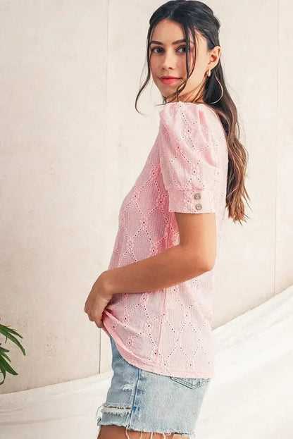 White Embroidered Floral Geometric Button Short Sleeve Top | Femstylo