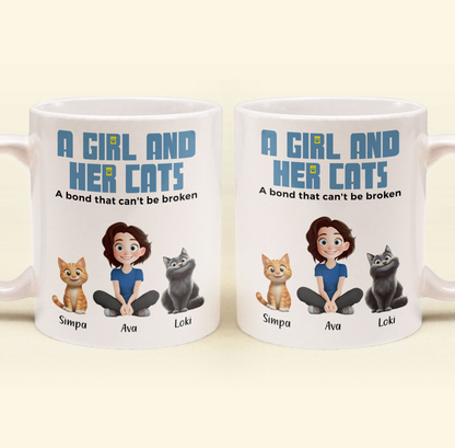 A Girl & Her Cats Has Unbreakable Bond - Personalized Custom Mug - Gift For Her/Him, Cat Lovers, Pet Lovers, Cat Mom, Cat Dad