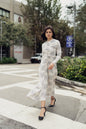 YULIA SHIRRED DRESS IN NAVY PRINT