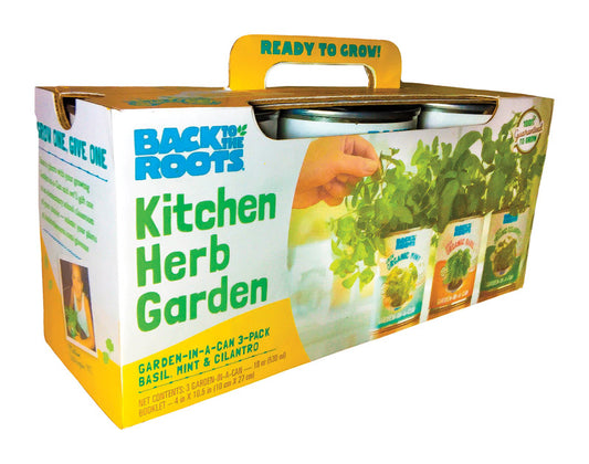 Packaging of Back to the Roots Kitchen Herb Garden Grow Kit with images of basil, mint, and cilantro herbs.