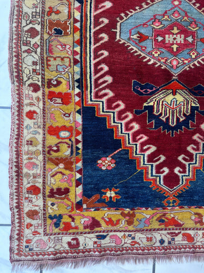 Hand-Knotted Antique Turkish Melas Wool Rug – 4'3" x 5'11" – Vibrant Geometric Motifs