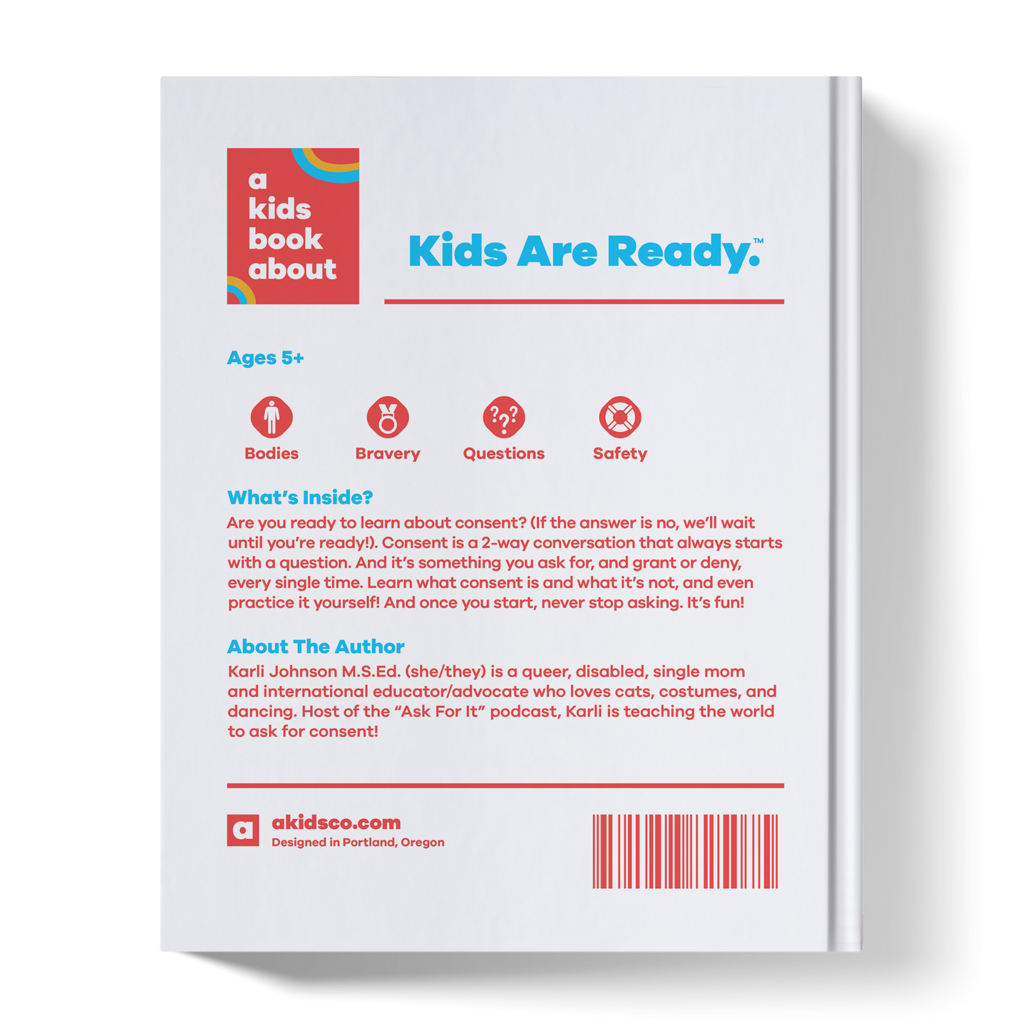 Back cover of a book titled 'A Kids Book About Kids Are Ready' with text and a barcode on a white background.