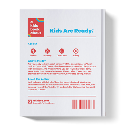 Back cover of a book titled 'A Kids Book About Kids Are Ready' with text and a barcode on a white background.
