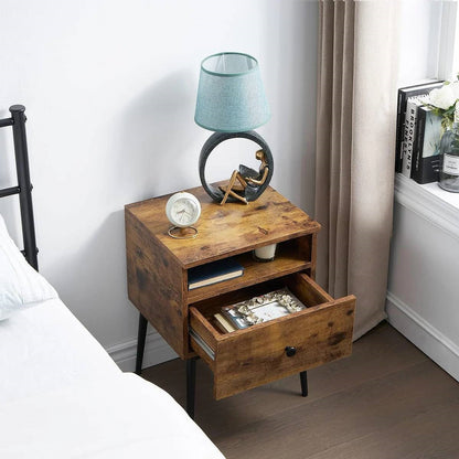Mid Century Modern End Table Nightstand in Rustic Brown Black Wood Finish