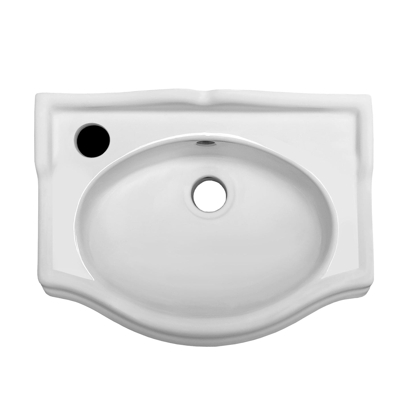 Isabella Collection Small Rectangular Wall Mount Basin with Integrated Oval Bowl, Backsplash, Decorative Trim, Overflow and Faucet Drilling