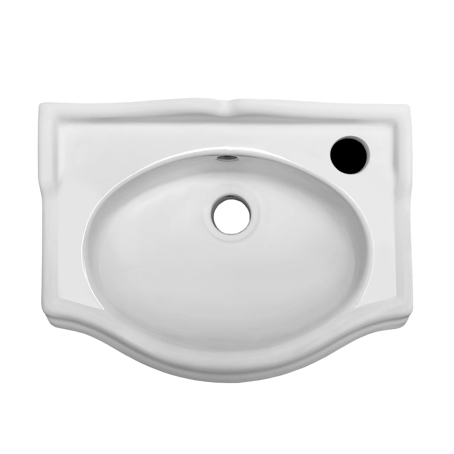 Isabella Collection Small Rectangular Wall Mount Basin with Integrated Oval Bowl, Backsplash, Decorative Trim, Overflow and Faucet Drilling