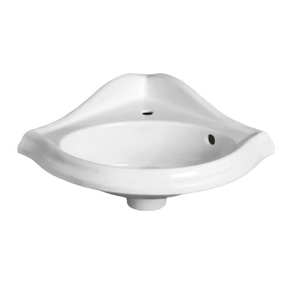 Isabella Collection Corner Wall Mount Basin with Oval Bowl, Backsplash, Decorative Trim Overflow and Single Hole Faucet Drilling