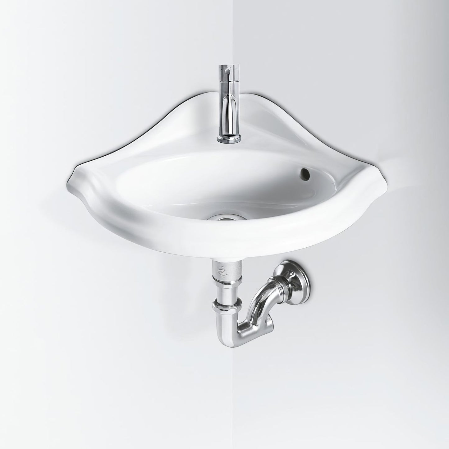 Isabella Collection Corner Wall Mount Basin with Oval Bowl, Backsplash, Decorative Trim Overflow and Single Hole Faucet Drilling
