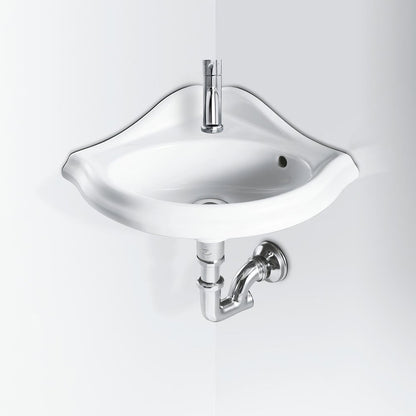 Isabella Collection Corner Wall Mount Basin with Oval Bowl, Backsplash, Decorative Trim Overflow and Single Hole Faucet Drilling