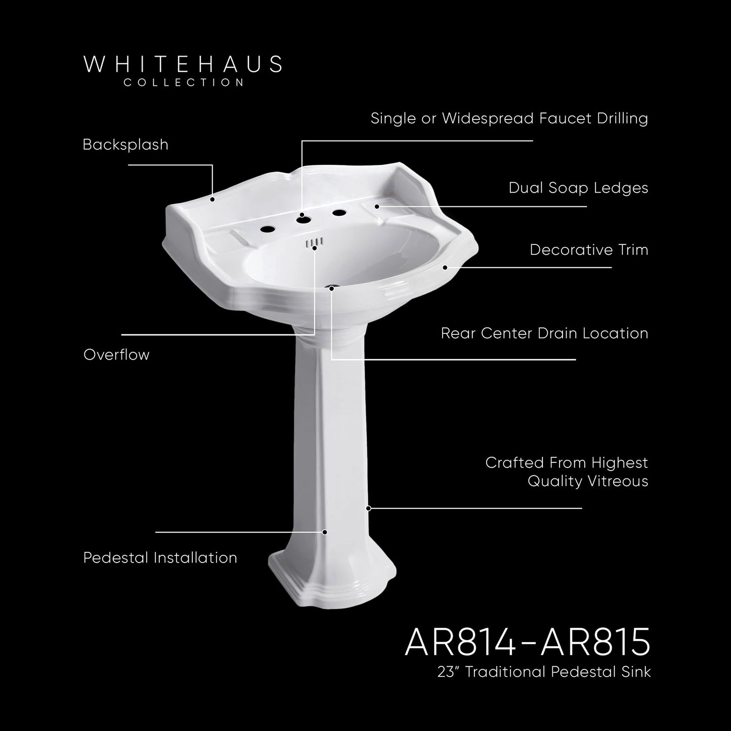 Isabella Collection Traditional Pedestal with an Integrated small oval bowl,Backsplash, Dual Soap Ledges, Decorative Trim and Overflow