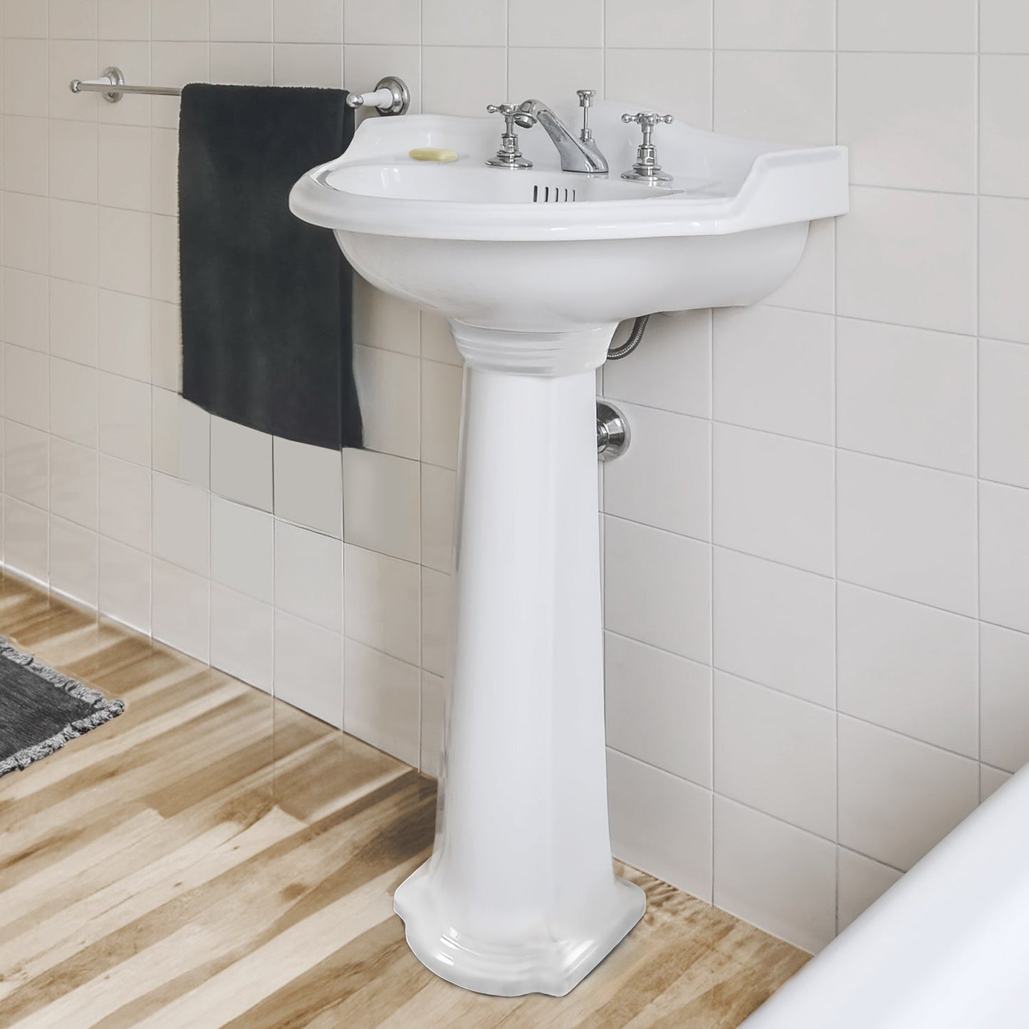 Isabella Collection Traditional Pedestal with an Integrated small oval bowl,Backsplash, Dual Soap Ledges, Decorative Trim and Overflow