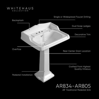 Isabella Collection Traditional Pedestal with an Integrated large Rectangular Bowl,Backsplash, Dual Soap Ledges, Decorative Trim and Overflow