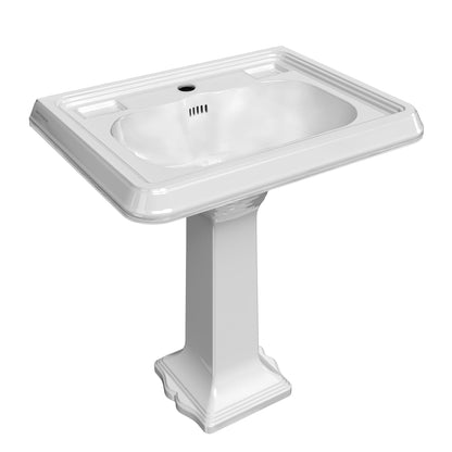 29" Traditional Pedestal Sink with Large Rectangular Bowl, Dual Soap Ledges, Overflow Control Rim and Overflow