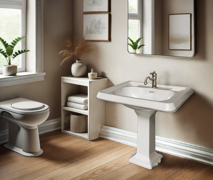29" Traditional Pedestal Sink with Large Rectangular Bowl, Dual Soap Ledges, Overflow Control Rim and Overflow