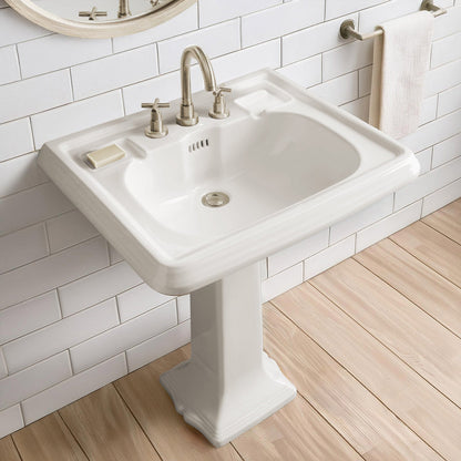 29" Traditional Pedestal Sink with Large Rectangular Bowl, Dual Soap Ledges, Overflow Control Rim and Overflow