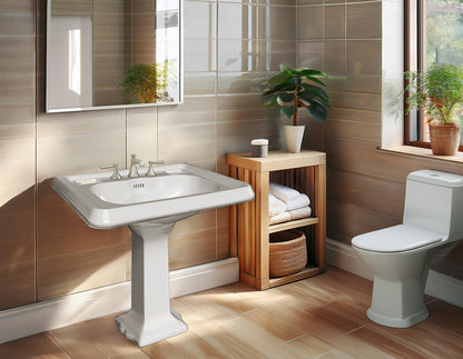 29" Traditional Pedestal Sink with Large Rectangular Bowl, Dual Soap Ledges, Overflow Control Rim and Overflow