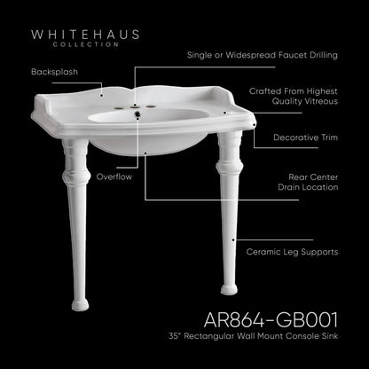 Isabella Collection Rectangular Console with integrated oval bowl, backsplash, ceramic leg support and chrome overflow