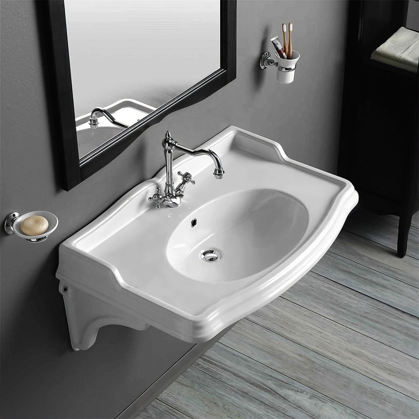 Isabella Collection Large Rectangular Wall Mount Basin with Integrated Oval Bowl and Ceramic Shelf Supports